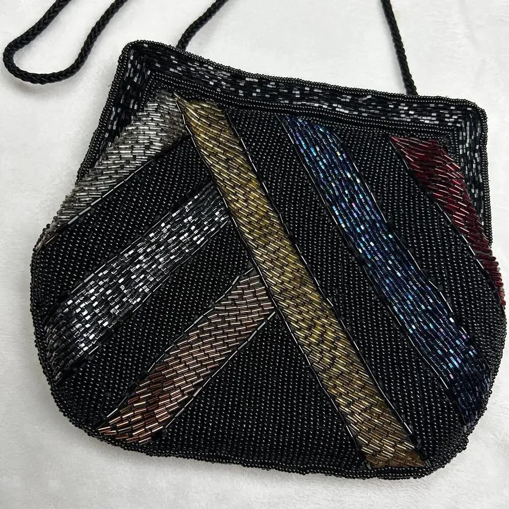 Vintage Beaded Evening Bag Black Rainbow Shoulder Purse Garfinckel's Pocketbook